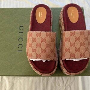 Gucci Angelina Platform Sandals Beige Ruggine GG Canvas